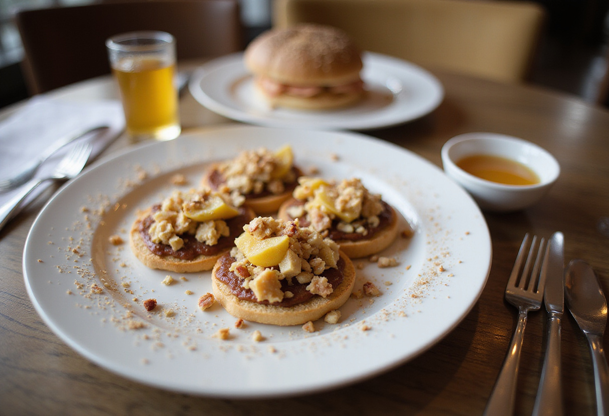 Plated tostadas con pera y requesón ready for serving as a sophisticated appetizer.