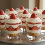 Vasitos de pastel de fresa exquisitamente decorados, ideales para un postre en frasco.