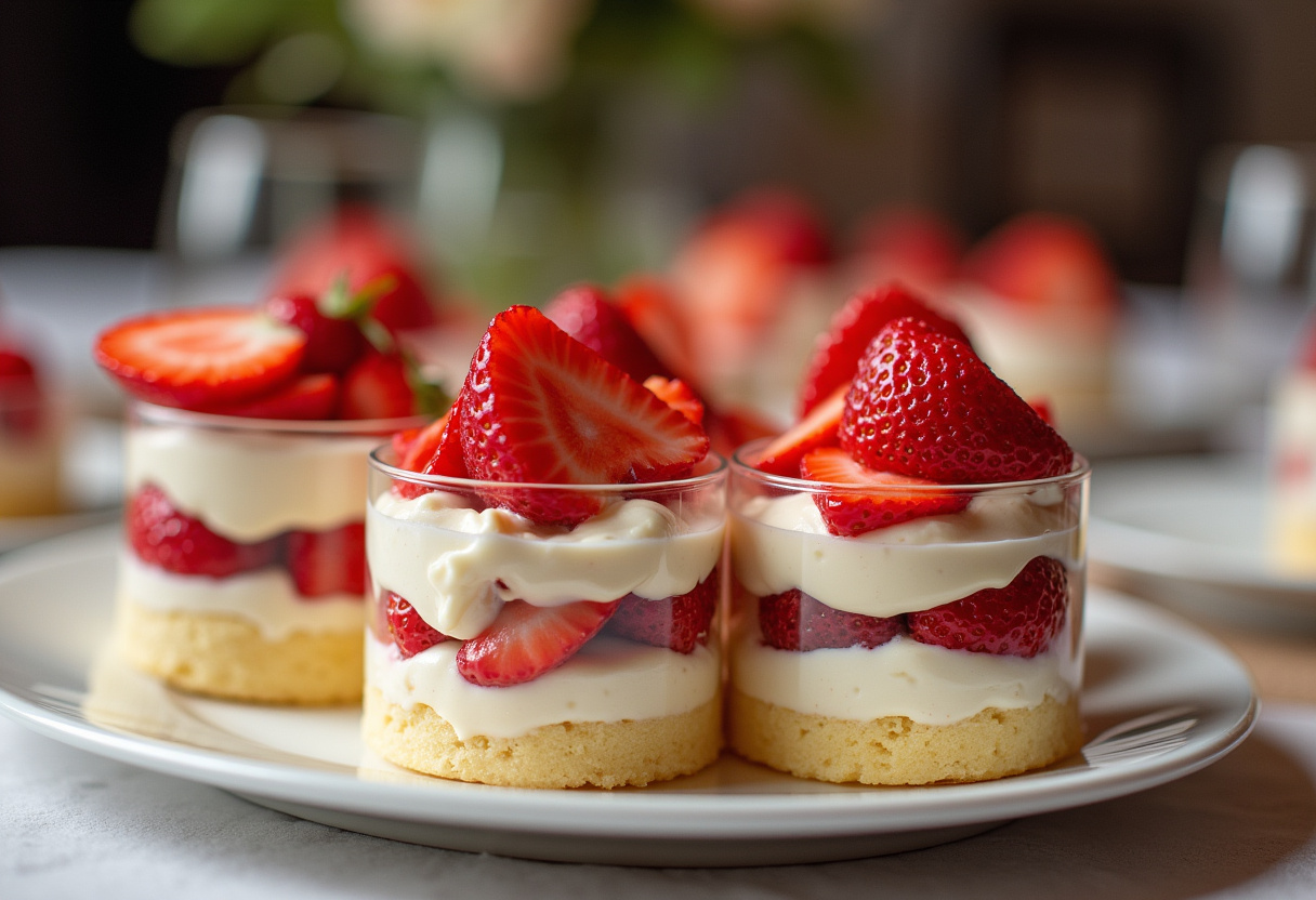 Vasitos de pastel de fresa exquisitamente decorados, ideales para un postre en frasco.