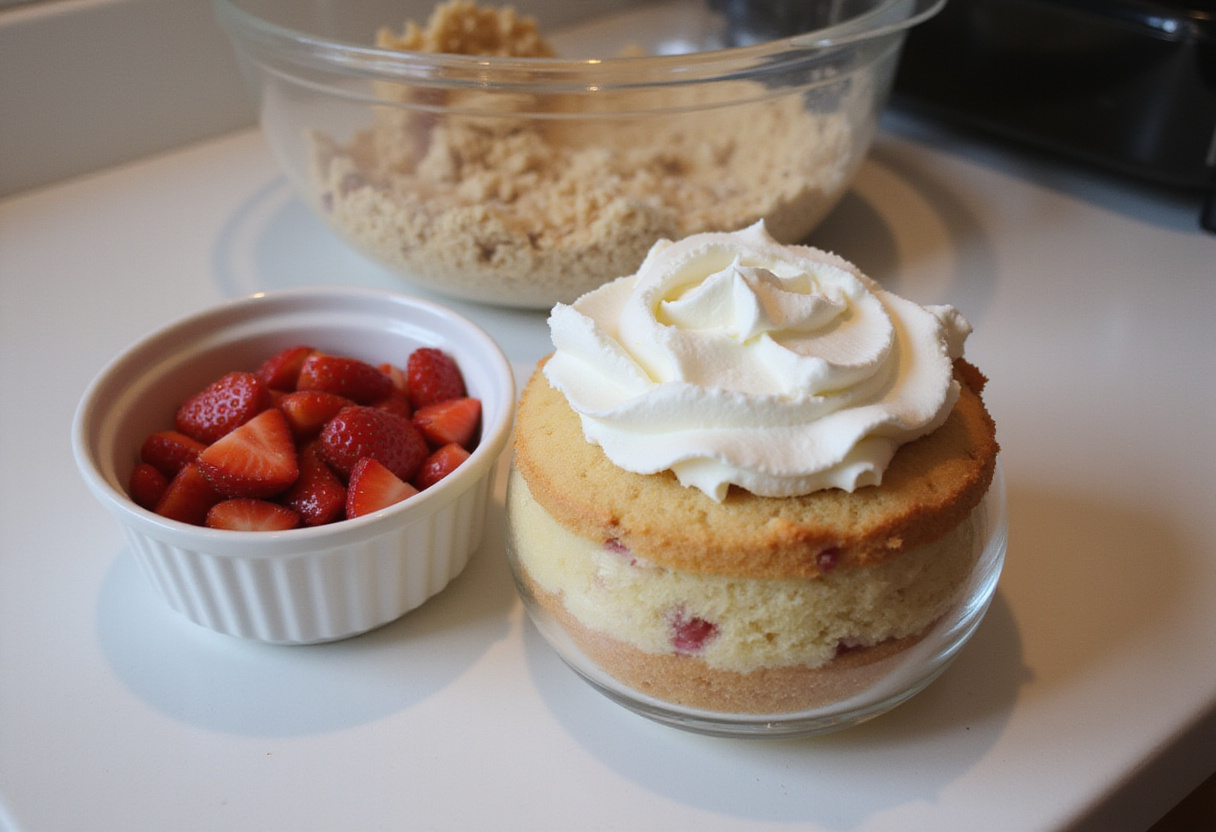 Ingredientes para vasitos de pastel de fresa, incluyendo crema batida, fresas y migas de pastel.