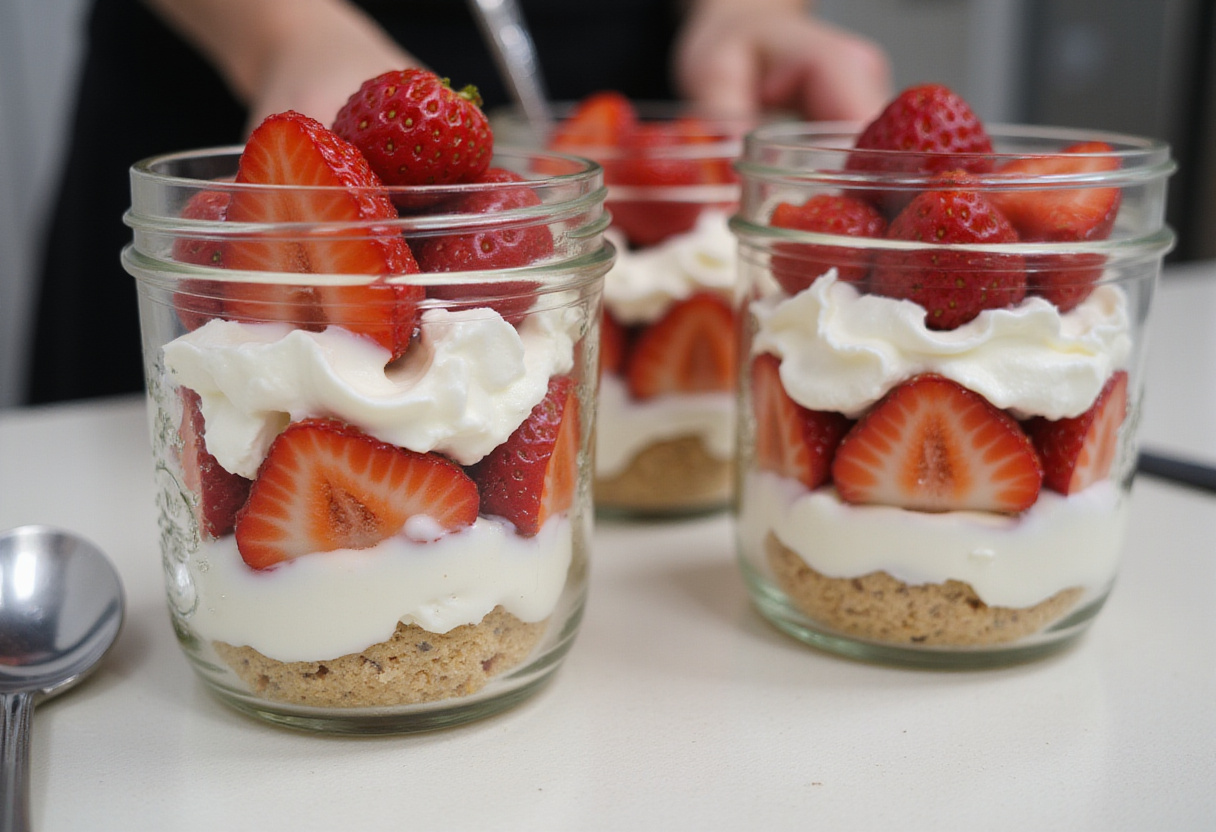 Preparando vasitos de pastel de fresa con fresas y crema batida en frascos claros.