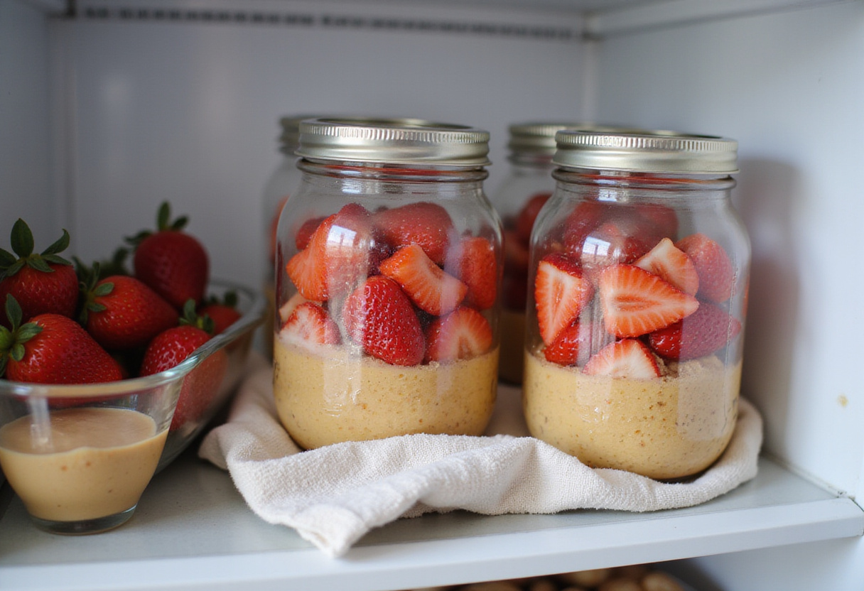 Vasitos de pastel de fresa listos para refrigerar antes de servir.