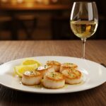 Vieiras selladas con mantequilla de ajo y albahaca, la opción perfecta para disfrutar de una receta de mariscos elegante.
