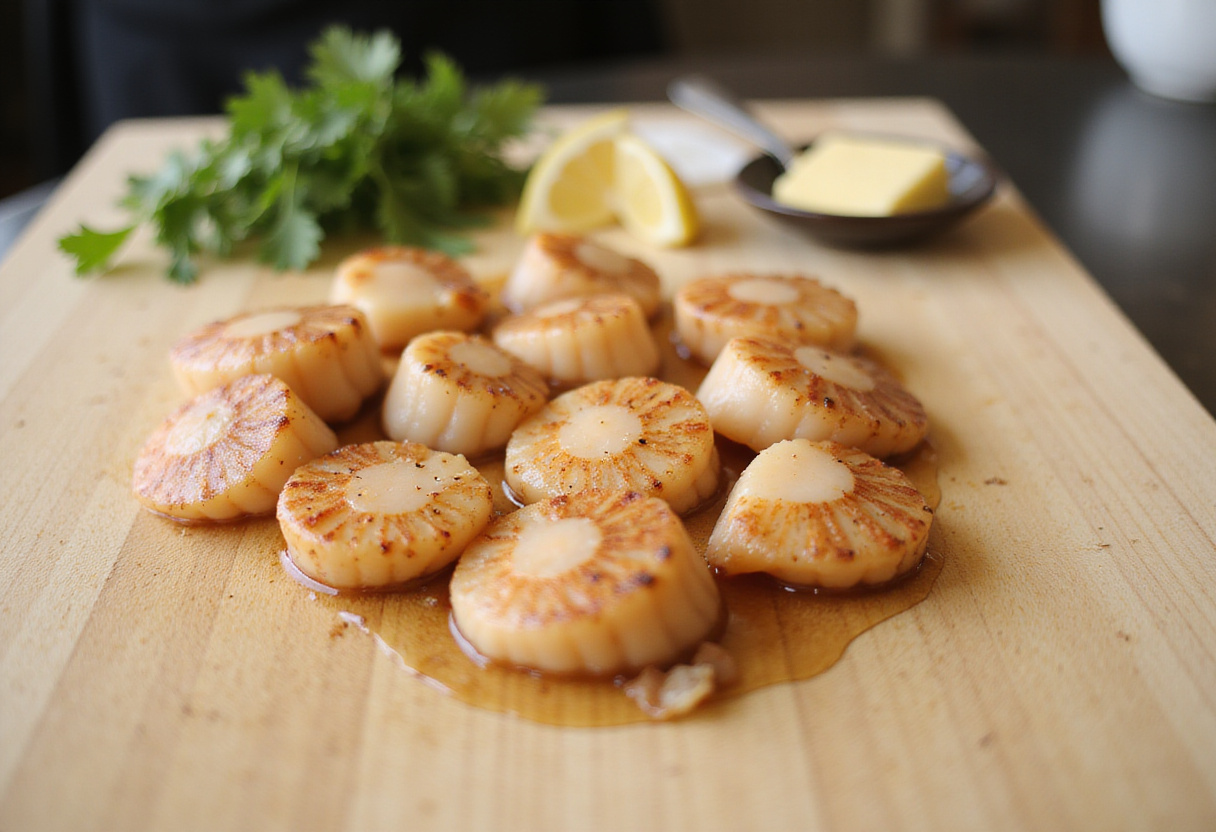 Vieiras selladas frescas y ingredientes como ajo y albahaca, perfectos para una receta de mariscos.