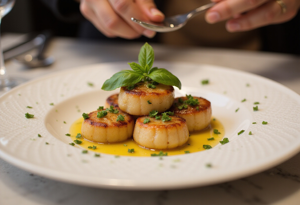 Plato de vieiras selladas con albahaca, una comida gourmet lista para servir.