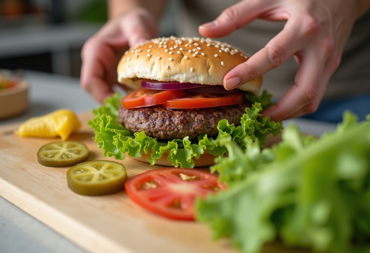 Preparando ingredientes frescos como lechuga y tomate para el wrap de hamburguesa.