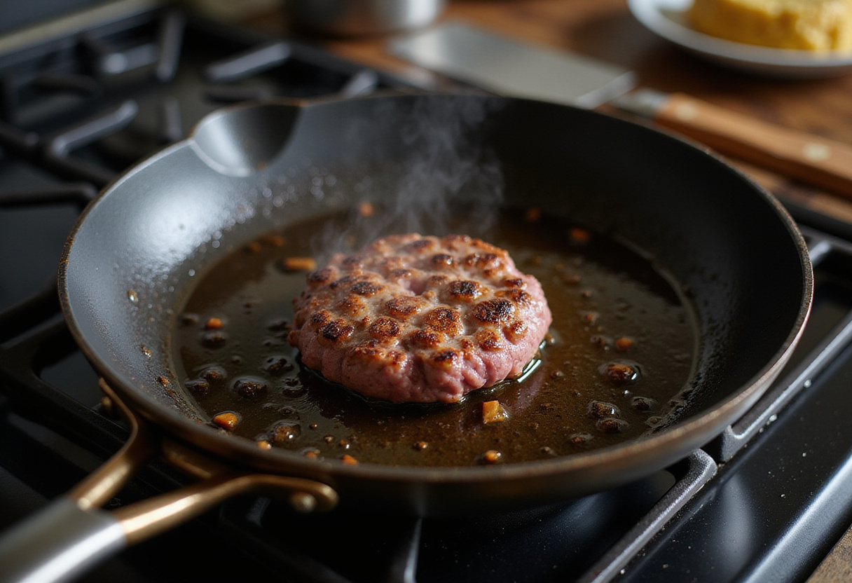 Cocinando una hamburguesa casera en una sartén para el wrap de hamburguesa.