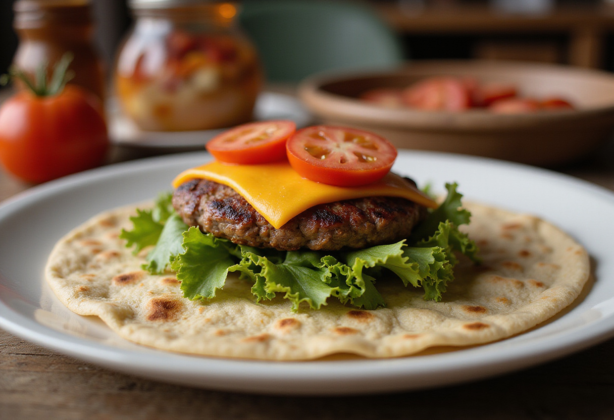 Armando un wrap de hamburguesa con carne, queso y vegetales frescos.