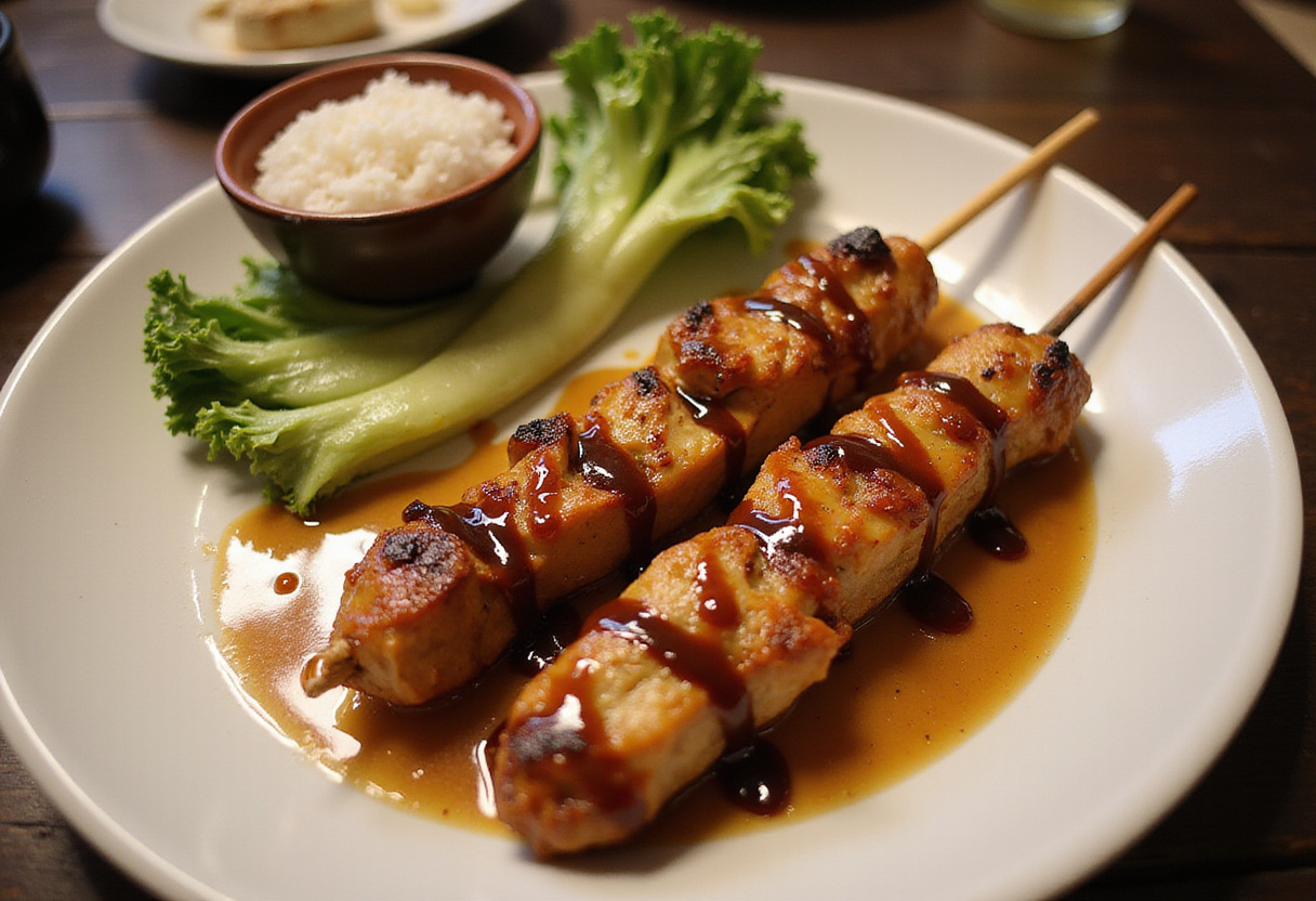 Yakitori de pollo terminado con salsa teriyaki, acompañado de arroz y verduras al vapor, ideal para cenas.