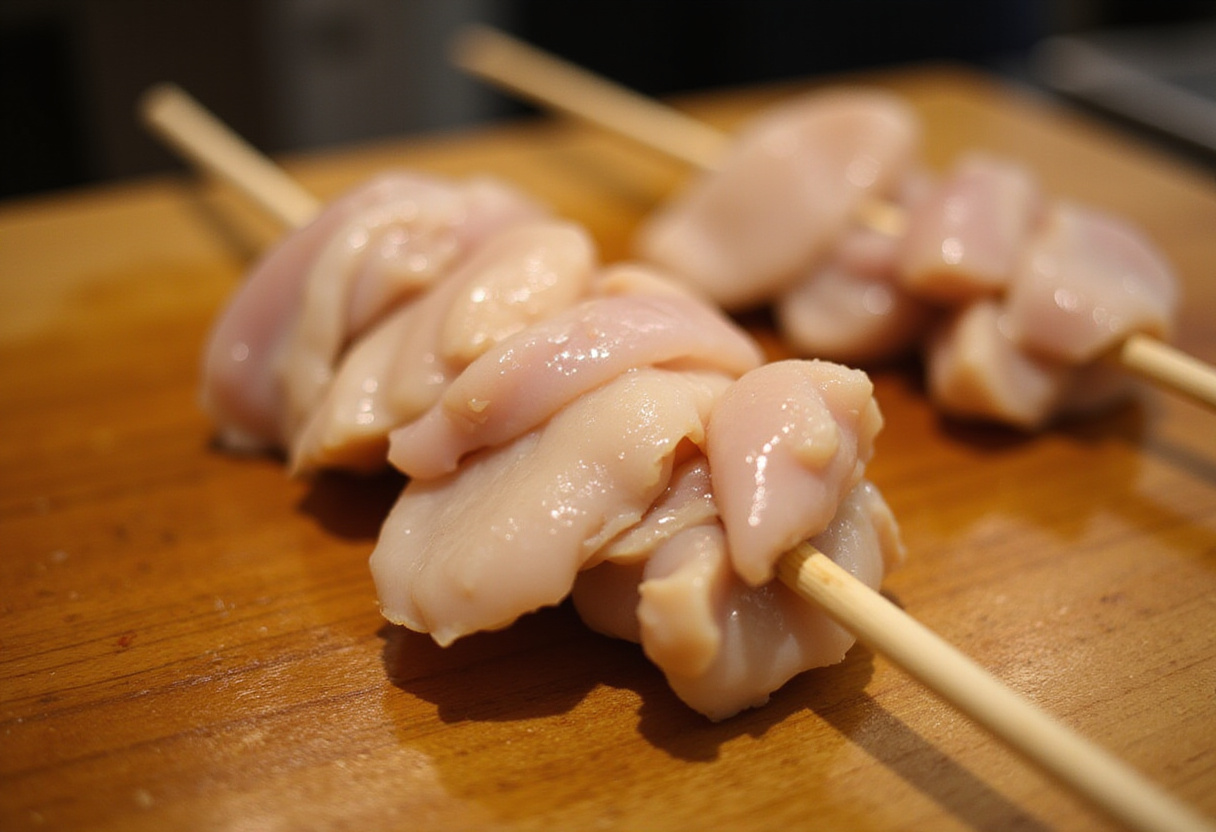 Preparación de yakitori de pollo con trozos de pollo ensartados en brochetas de bambú.