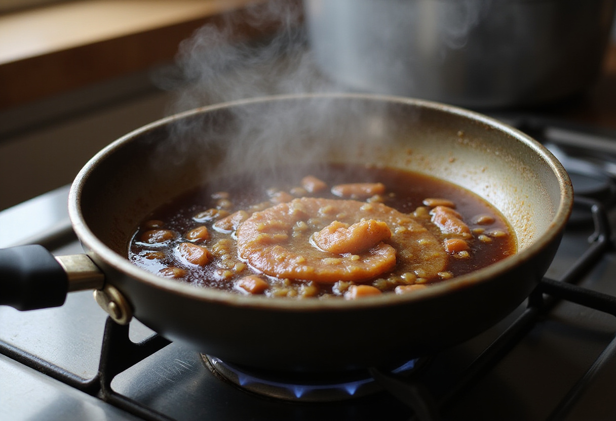 Cocinando la mezcla de salsa teriyaki para yakitori de pollo en una cacerola sobre la estufa.