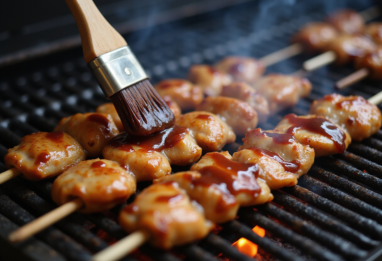 Aplicando salsa teriyaki en los brochetas de pollo al grill para el plato de yakitori de pollo.