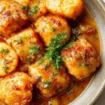 Plato de albóndigas en salsa cremosa servidas sobre un lecho de puré de patatas. Las albóndigas doradas y jugosas cubiertas con una salsa blanca y cremosa, acompañadas de guarniciones verdes y decoradas con hierbas frescas, en una presentación elegante sobre un plato blanco con fondos cálidos.