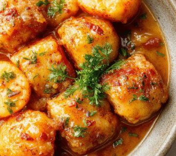 Plato de albóndigas en salsa cremosa servidas sobre un lecho de puré de patatas. Las albóndigas doradas y jugosas cubiertas con una salsa blanca y cremosa, acompañadas de guarniciones verdes y decoradas con hierbas frescas, en una presentación elegante sobre un plato blanco con fondos cálidos.