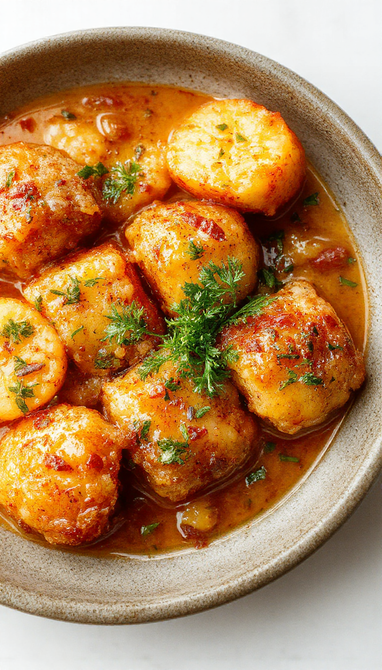Plato de albóndigas en salsa cremosa servidas sobre un lecho de puré de patatas. Las albóndigas doradas y jugosas cubiertas con una salsa blanca y cremosa, acompañadas de guarniciones verdes y decoradas con hierbas frescas, en una presentación elegante sobre un plato blanco con fondos cálidos.