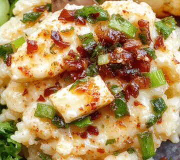 A vibrant plate of arroz con verduras y queso crema featuring colorful diced vegetables atop fluffy, golden rice, drizzled with a creamy cheese sauce and garnished with fresh herbs.