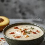 A bowl of overnight oats topped with fresh blue arándanos, sprinkled with chia seeds, presented in a white ceramic bowl on a rustic wooden table. The oats have a creamy texture with visible chia seeds, and the vibrant blue of the blueberries contrasts beautifully with the creamy beige oats, creating an inviting and healthy breakfast scene.