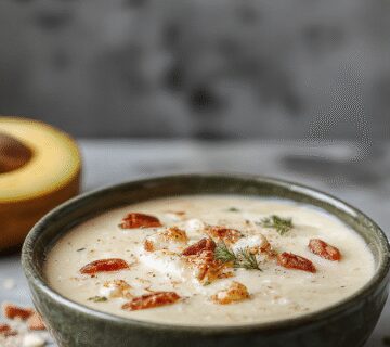 A bowl of overnight oats topped with fresh blue arándanos, sprinkled with chia seeds, presented in a white ceramic bowl on a rustic wooden table. The oats have a creamy texture with visible chia seeds, and the vibrant blue of the blueberries contrasts beautifully with the creamy beige oats, creating an inviting and healthy breakfast scene.