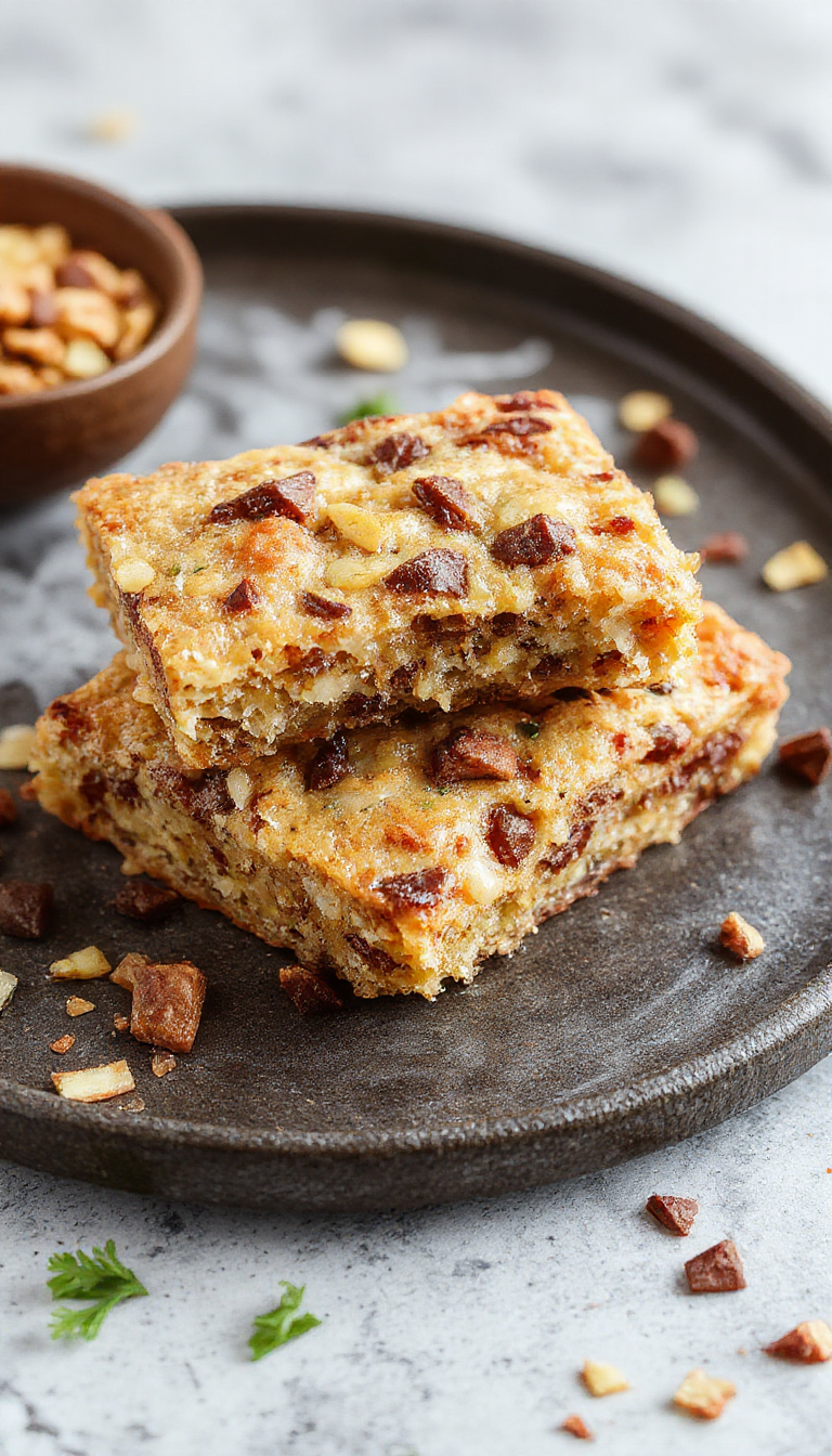 A close-up of vegan no-bake cookie dough bars arranged on a rustic wooden platter. The bars have a golden-brown exterior with visible specks of oat and chocolate chips, topped with a drizzle of dark chocolate and garnished with chopped nuts. The texture appears creamy yet firm, inviting and delicious.