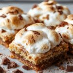 Close-up of golden-brown s'mores bars with melted marshmallow and rich chocolate layered between graham cracker crust, served on a rustic plate with a hint of marshmallow residuals and a drizzle of chocolate.