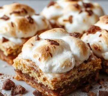 Close-up of golden-brown s'mores bars with melted marshmallow and rich chocolate layered between graham cracker crust, served on a rustic plate with a hint of marshmallow residuals and a drizzle of chocolate.