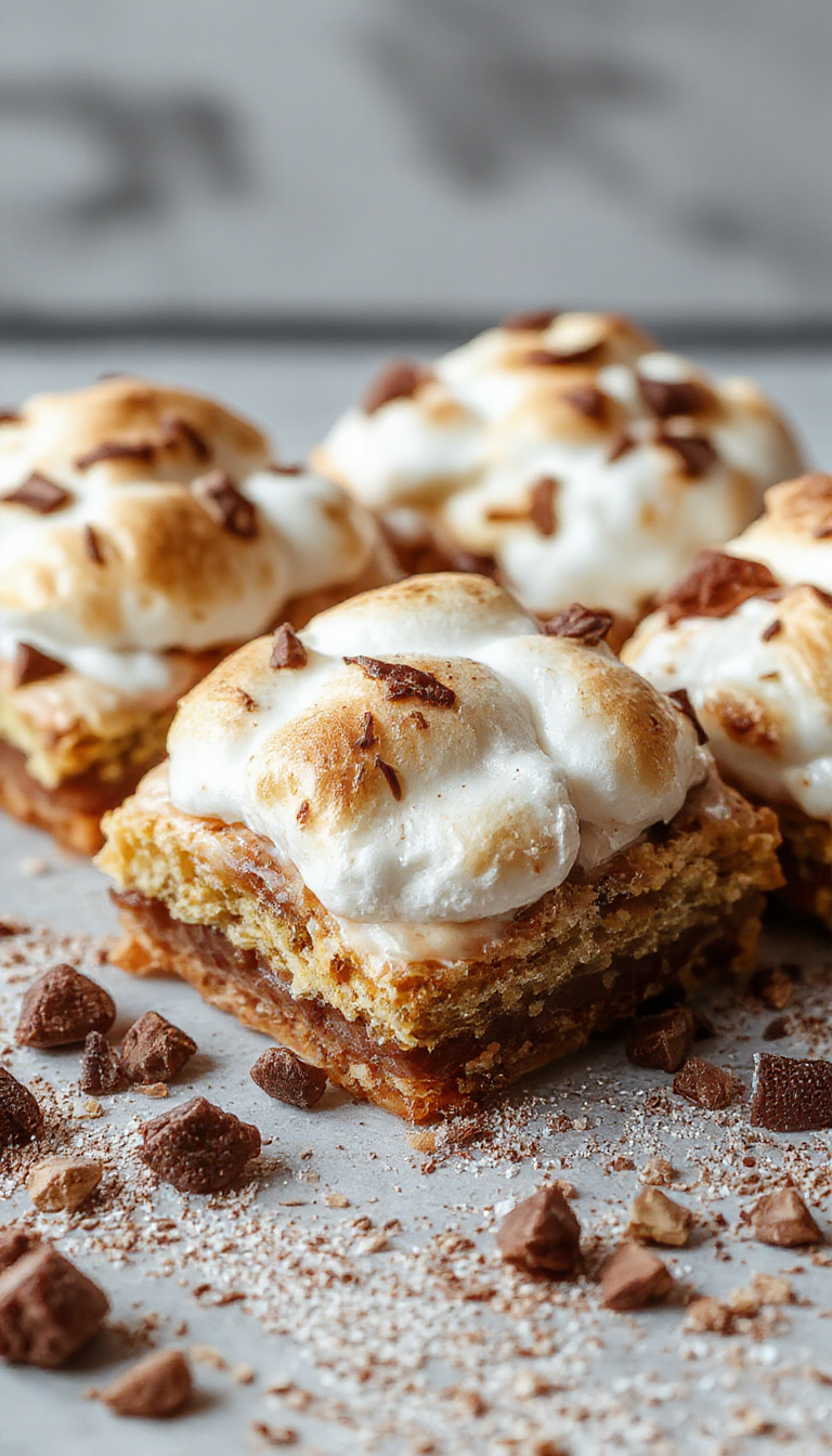Close-up of golden-brown s'mores bars with melted marshmallow and rich chocolate layered between graham cracker crust, served on a rustic plate with a hint of marshmallow residuals and a drizzle of chocolate.
