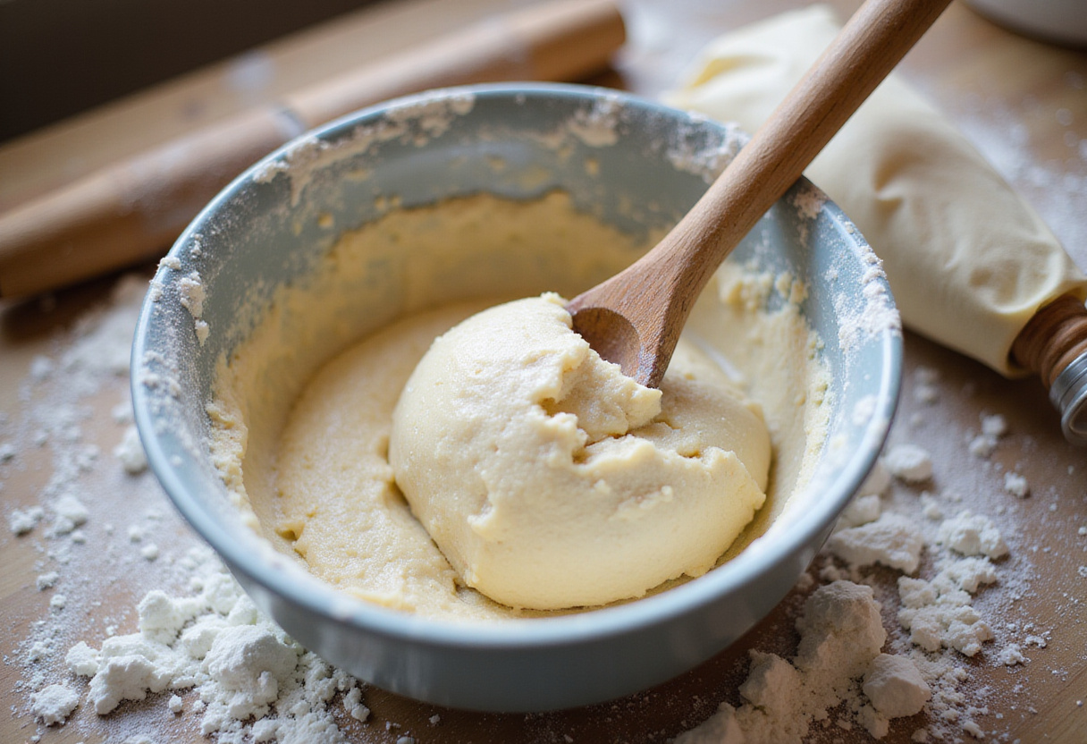 Masa de churro mezclándose para hacer churros caseros, lista para dar forma y freír.