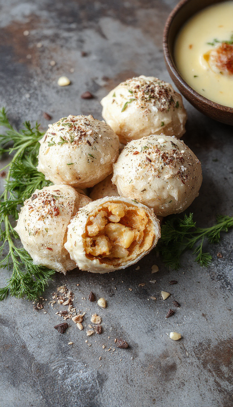 Bolas de relleno de pavo con arándanos doradas y crujientes en una fuente blanca, adornadas con un toque de arándanos frescos y menta, presentadas en un estilo elegante y festivo