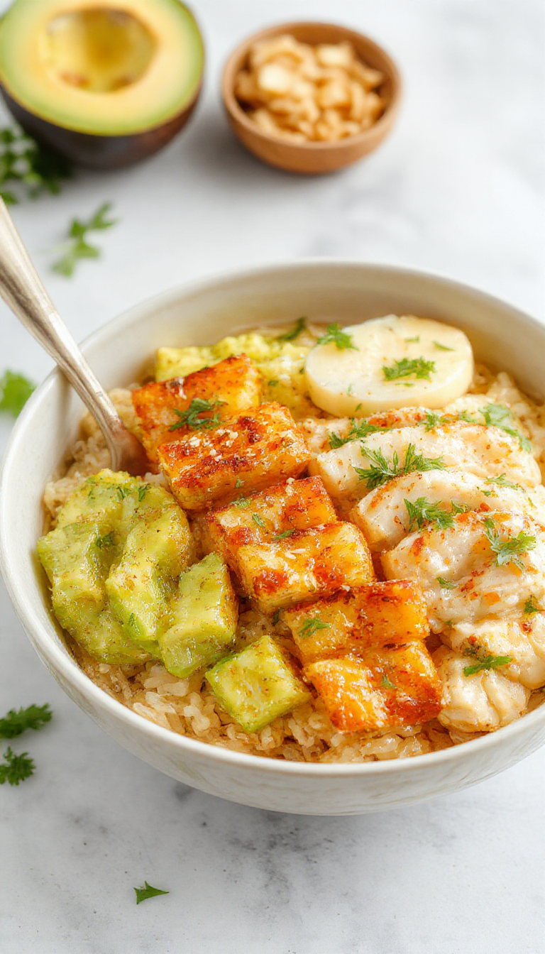 A vibrant bowl filled with fluffy white rice, tender chunks of seasoned chicken, bright yellow elote kernels, garnished with fresh cilantro and lime wedges. The bowl is colorful and inviting, showcasing a balanced blend of textures and flavors, with the ingredients arranged appealingly against a rustic wooden background.