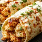 A vibrant burrito de pollo a la parrilla sliced open to reveal grilled chicken strips, creamy ranch, smoky chipotle sauce, fresh lettuce, and shredded cheese wrapped in a warm flour tortilla, with colorful ingredients spilling out slightly on a rustic wooden table.
