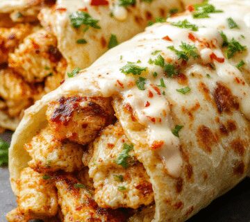 A vibrant burrito de pollo a la parrilla sliced open to reveal grilled chicken strips, creamy ranch, smoky chipotle sauce, fresh lettuce, and shredded cheese wrapped in a warm flour tortilla, with colorful ingredients spilling out slightly on a rustic wooden table.