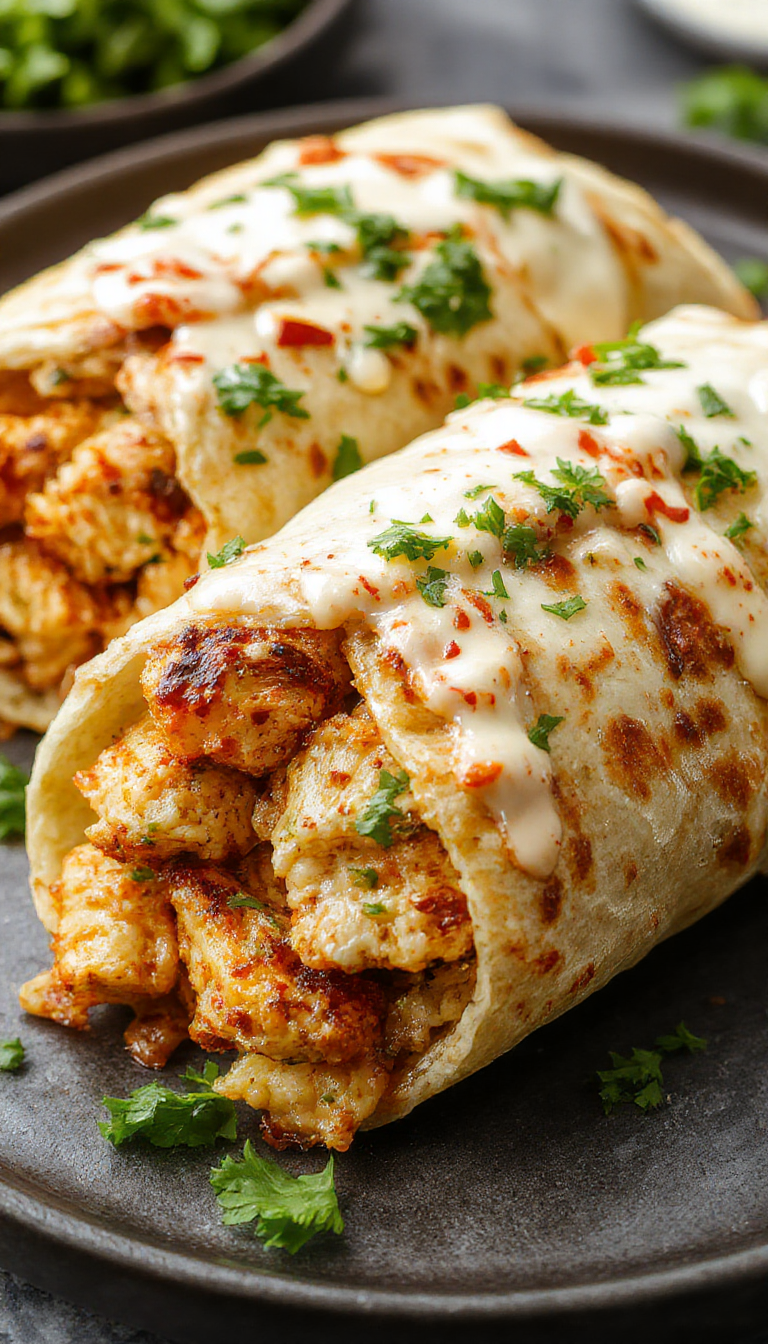 A vibrant burrito de pollo a la parrilla sliced open to reveal grilled chicken strips, creamy ranch, smoky chipotle sauce, fresh lettuce, and shredded cheese wrapped in a warm flour tortilla, with colorful ingredients spilling out slightly on a rustic wooden table.