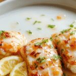 A close-up image of creamy garlic shrimp arranged on a white plate, garnished with chopped parsley. The shrimp are coated in a rich, fragrant garlic sauce with visible herbs, contrasting beautifully with the dark background and emphasizing their succulent texture.