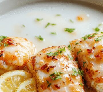 A close-up image of creamy garlic shrimp arranged on a white plate, garnished with chopped parsley. The shrimp are coated in a rich, fragrant garlic sauce with visible herbs, contrasting beautifully with the dark background and emphasizing their succulent texture.