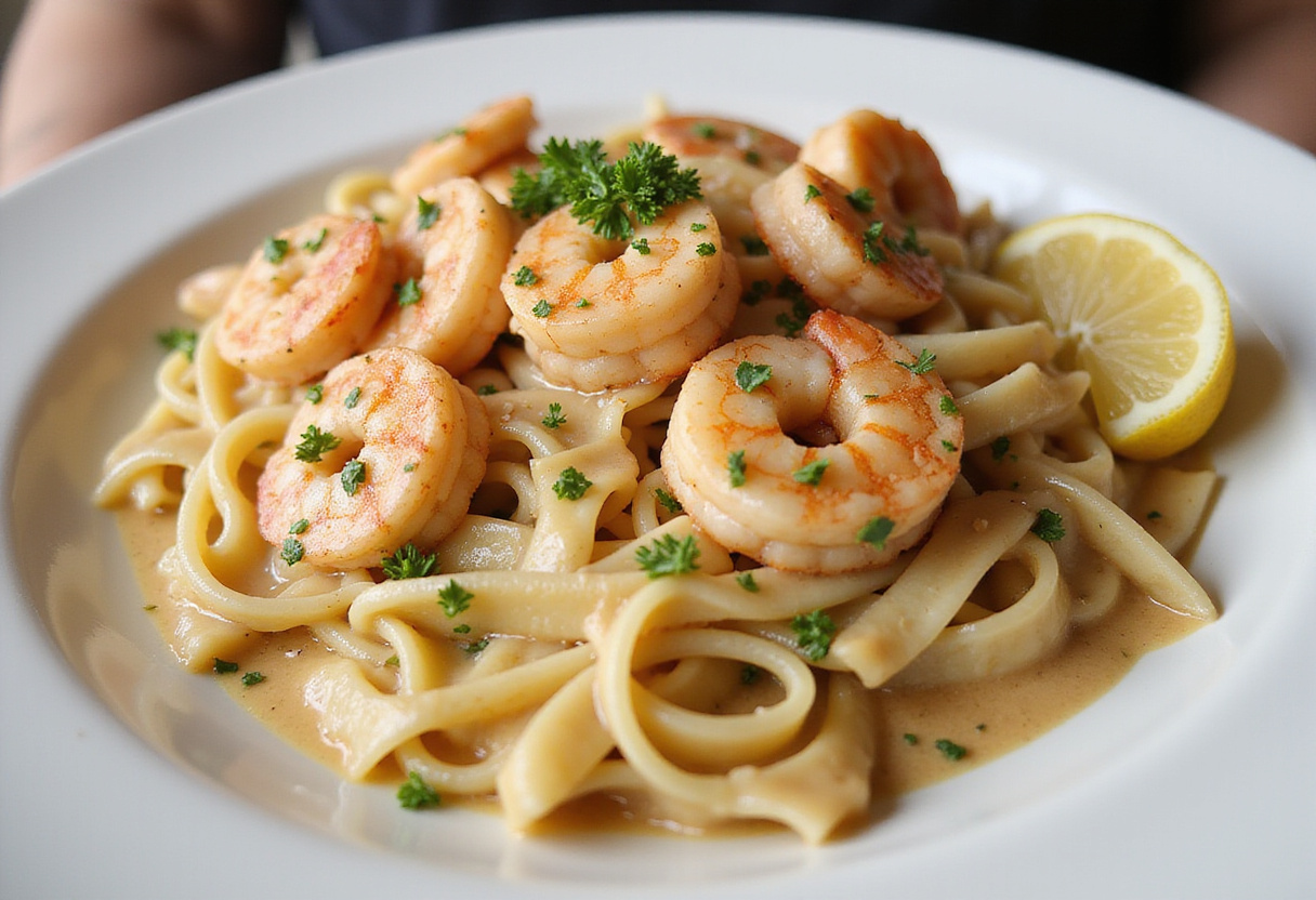 Camarones cremosos al ajo servidos sobre pasta, perfectos para una cena fácil y deliciosa.