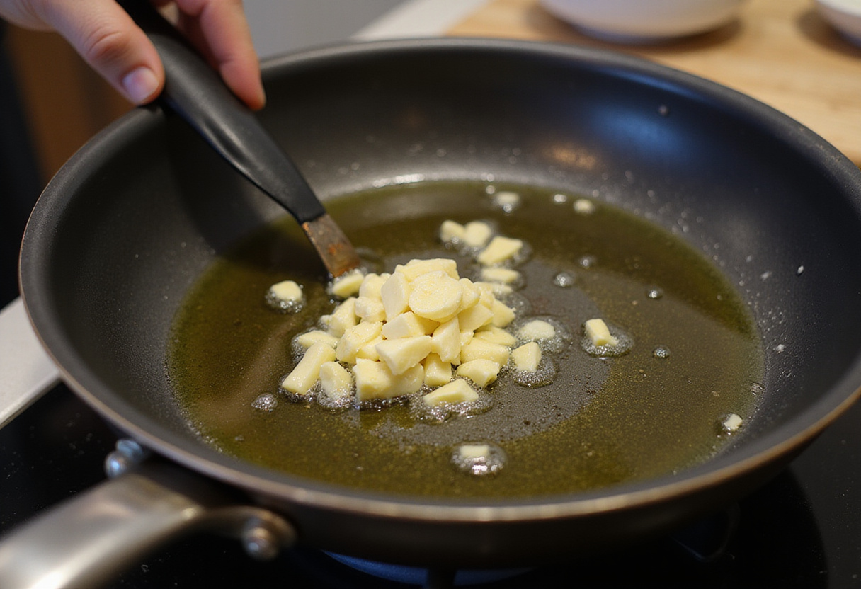 Calentando aceite de oliva y ajo picado en una sartén para camarones al ajo fáciles.