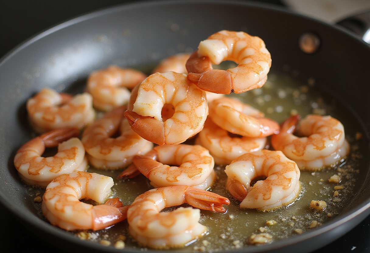 Agregando camarones frescos a la sartén para la receta de camarones cremosos al ajo.