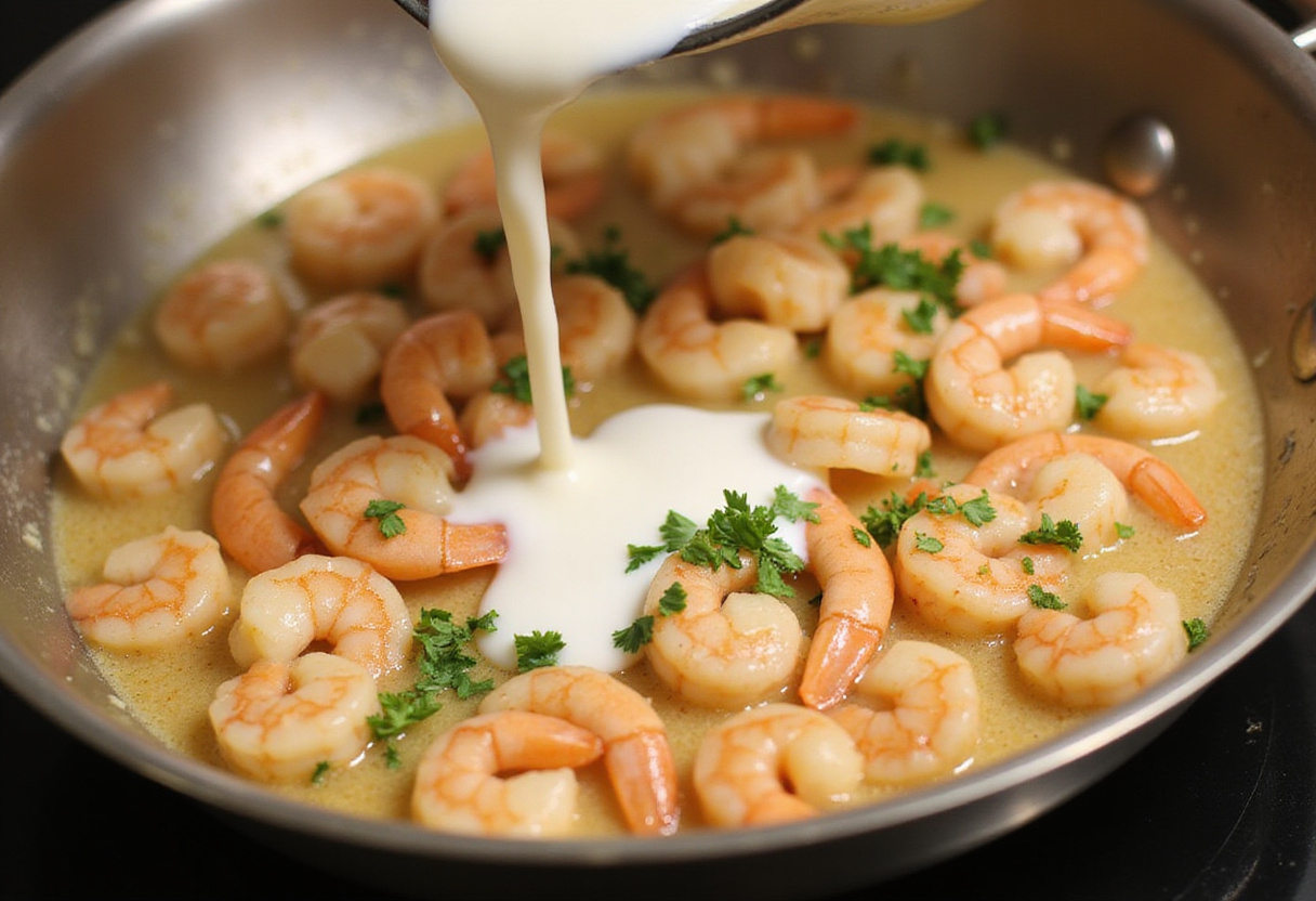 Vertiendo crema espesa en la sartén con camarones para hacer camarones cremosos al ajo fáciles.