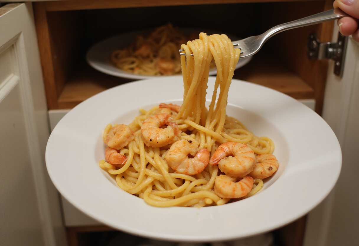 Plato de pasta listo para servir con camarones al ajo cremosos.