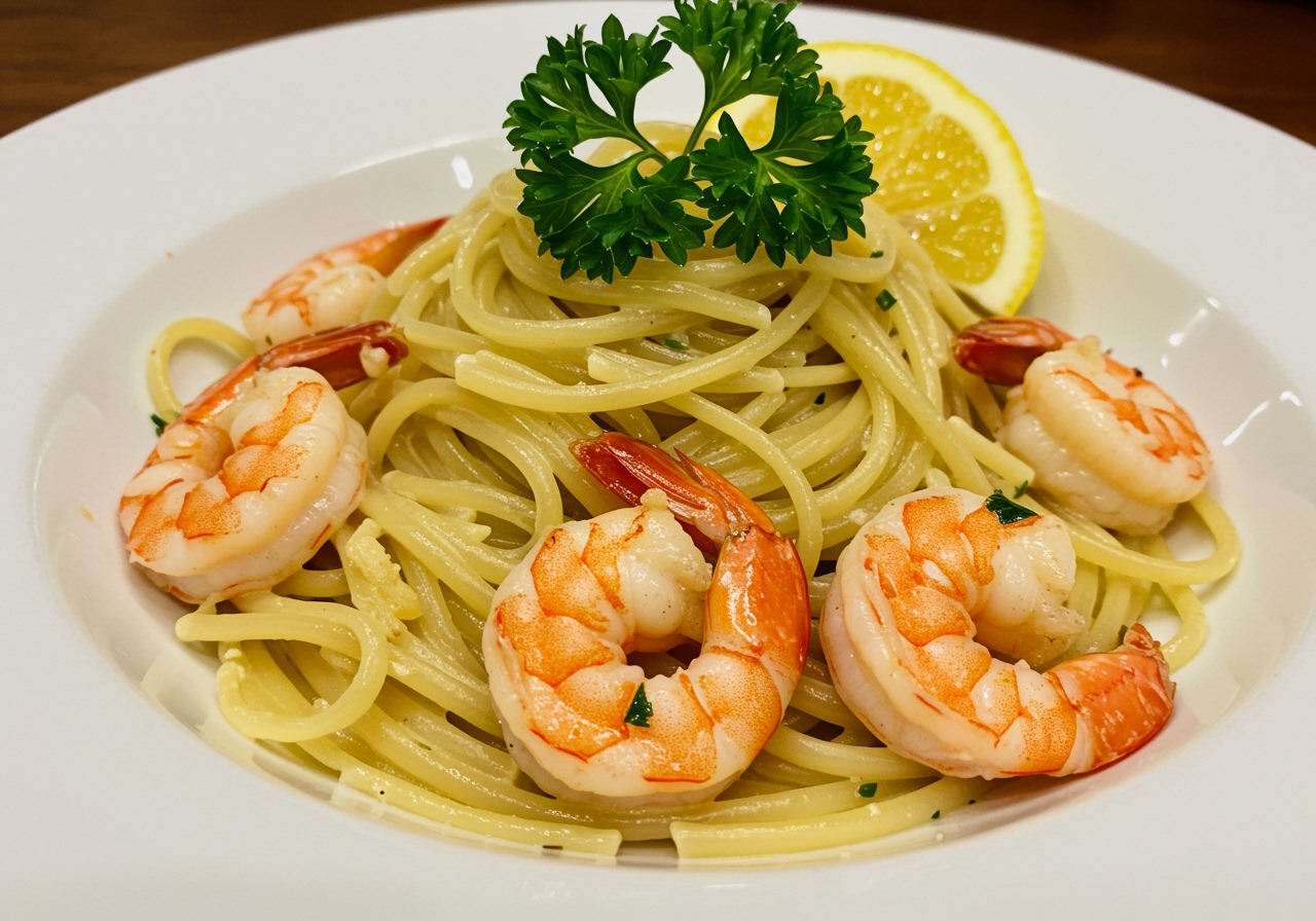 Camarones cremosos al ajo servidos sobre pasta, perfectos para una cena fácil y deliciosa.