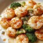 A close-up of a vibrant plate featuring succulent pink shrimp resting on tender green broccoli florets, all coated in a rich, creamy white Alfredo sauce, garnished with a sprinkle of grated cheese and freshly chopped herbs. The dish is elegantly plated on a white ceramic dish, with a sprinkle of freshly ground black pepper visible around the edges, set against a rustic wooden table with a background of a fork and a glass of white wine.