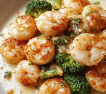 A close-up of a vibrant plate featuring succulent pink shrimp resting on tender green broccoli florets, all coated in a rich, creamy white Alfredo sauce, garnished with a sprinkle of grated cheese and freshly chopped herbs. The dish is elegantly plated on a white ceramic dish, with a sprinkle of freshly ground black pepper visible around the edges, set against a rustic wooden table with a background of a fork and a glass of white wine.