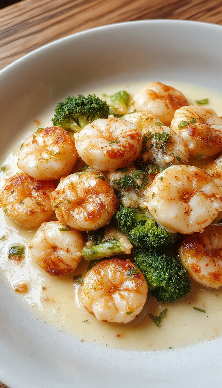 A close-up of a vibrant plate featuring succulent pink shrimp resting on tender green broccoli florets, all coated in a rich, creamy white Alfredo sauce, garnished with a sprinkle of grated cheese and freshly chopped herbs. The dish is elegantly plated on a white ceramic dish, with a sprinkle of freshly ground black pepper visible around the edges, set against a rustic wooden table with a background of a fork and a glass of white wine.