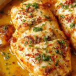 A hearty cazuela de pollo cordon bleu featuring golden-brown breaded chicken breasts stuffed with melted cheese and ham, topped with a creamy sauce, garnished with fresh herbs, served in a rustic ovenproof dish with a bubbling, golden crust.