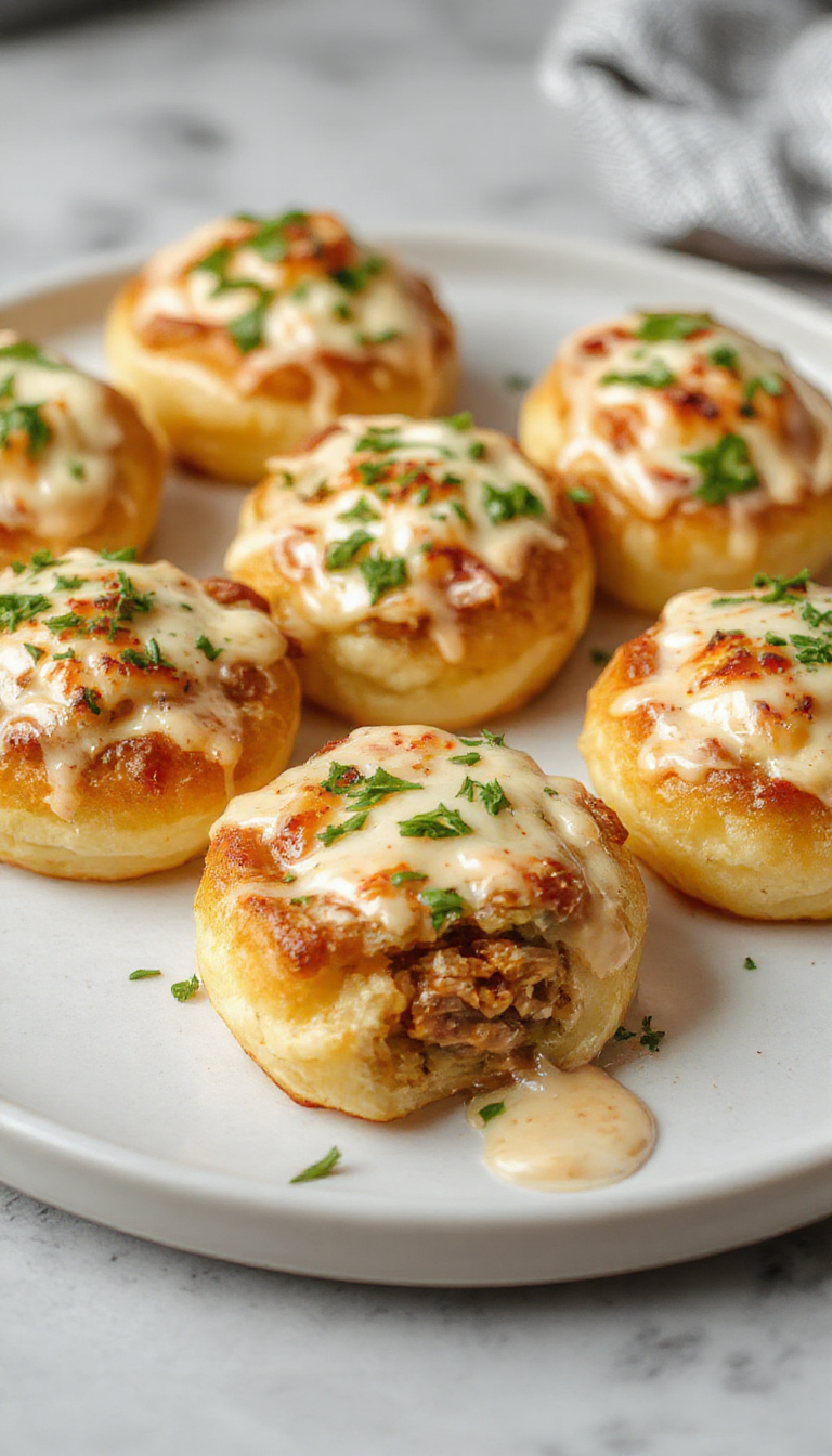 A close-up of golden-brown baked conchas rellenas de carne y ricotta, arranged neatly on a white plate. The shells are glossy and crisp, revealing a glimpse of the creamy ricotta and savory meat filling inside. Garnished with herbs, the image highlights the rich textures and inviting presentation of this Italian baked pasta dish.