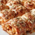 Plato de rollos de repollo dorados y rellenos, presentados en un plato blanco con salsa ligera, decorados con perejil fresco y servidos con guarnición de verduras.