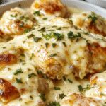 A golden-brown garlic bread loaf topped with melted butter and chopped parsley, served alongside a creamy Alfredo chicken pasta in a white ceramic dish, garnished with cheese and fresh herbs, all set on a rustic wooden table
