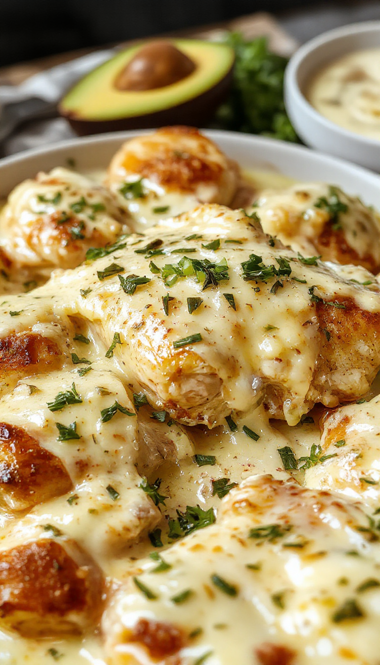 A golden-brown garlic bread loaf topped with melted butter and chopped parsley, served alongside a creamy Alfredo chicken pasta in a white ceramic dish, garnished with cheese and fresh herbs, all set on a rustic wooden table