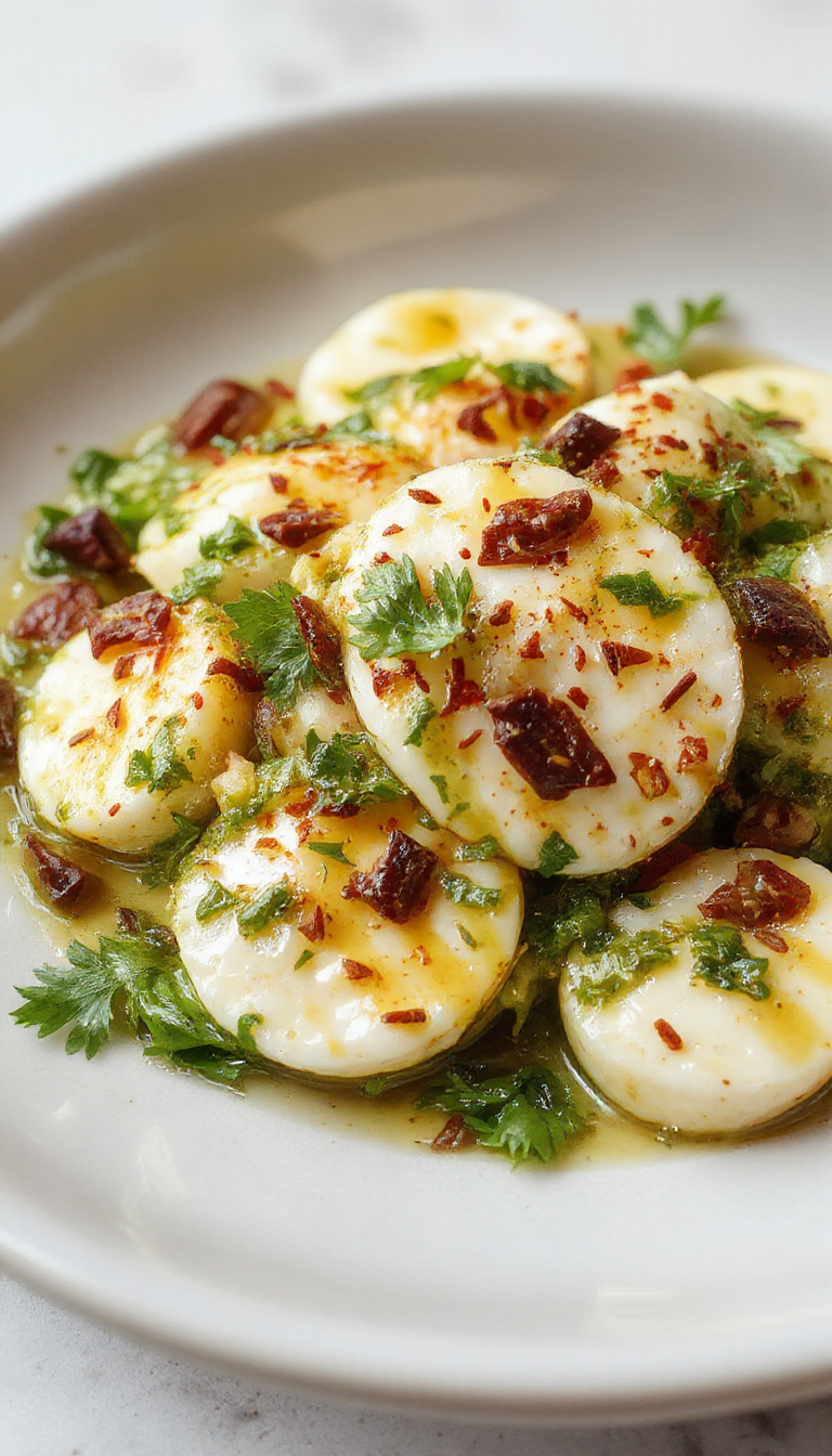 A vibrant Caprese salad featuring ripe red cherry tomatoes, fresh basil leaves, creamy white mozzarella slices, drizzled with green basil pesto, all arranged on a rustic white plate. The salad showcases a colorful combination of reds, greens, and whites, with a glossy pesto coating and a fresh basil garnish, highlighting its fresh and inviting appearance.