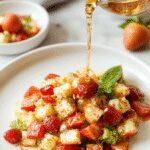 A vibrant bowl of crispy strawberry salad featuring bright red halved strawberries, mixed greens, and toasted nuts, drizzled with a golden champagne vinaigrette, all arranged attractively on a white plate with a rustic background.